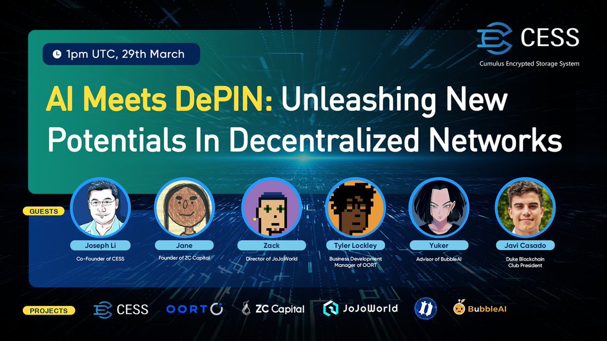 🌟 Dive into the future of decentralized networks, exploring the synergy between #AI and #DePIN! 🔗 Click here to set your reminder: twitter.com/i/spaces/1OwxW… 🗓️ Mark your calendars: 1PM UTC 29th March 🚀Join us alongside #CESS co-founder @Joe_CESS, @zackbbb0510 from…