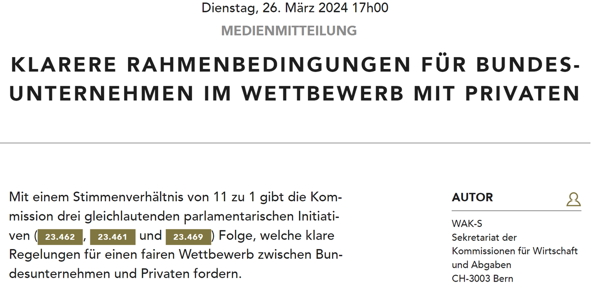 Juerg_Grossen's tweet photo. Es braucht endlich einen klaren gesetzlichen Rahmen, damit Staatskonzerne sich künftig auf die Grundversorgung konzentrieren. Ich freue mich, dass nach der WAK-N auch die WAK-S meiner parlamentarischen Initiative mit 11:1 Folge gegeben hat. https://t.co/pAuiwvnfc7 @FairIstAnders https://t.co/2qkK6lQoaN