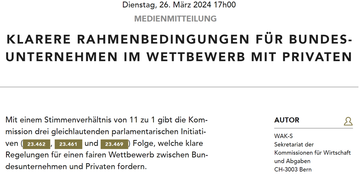 Es braucht endlich einen klaren gesetzlichen Rahmen, damit Staatskonzerne sich künftig auf die Grundversorgung konzentrieren. Ich freue mich, dass nach der WAK-N auch die WAK-S meiner parlamentarischen Initiative mit 11:1 Folge gegeben hat. parlament.ch/press-releases… @FairIstAnders