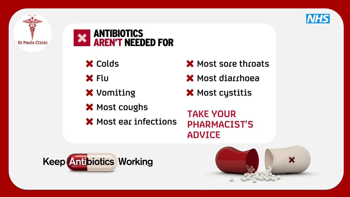 Antibiotics are used to treat or prevent some types of bacterial infection. They work by killing bacteria or preventing them from spreading. But they do not work for everything. For more details visit buff.ly/2spwaJt 💊💊💊 @publicHealthW