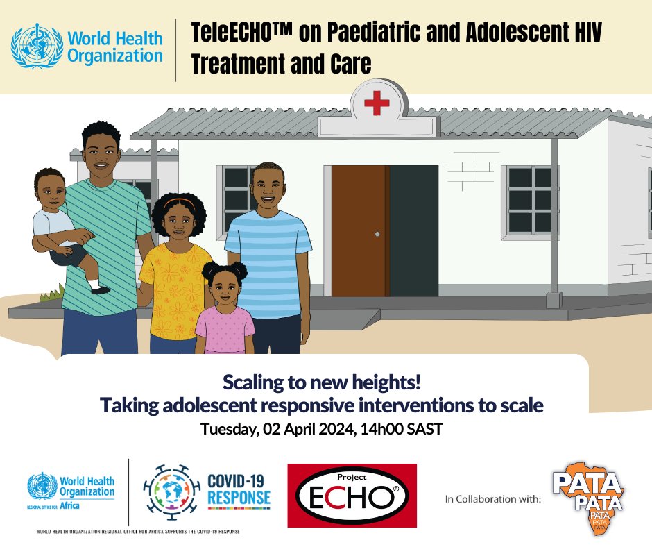 Join us for the WHO TeleECHO session. 'Scaling to new heights! Taking adolescent responsive interventions to scale'. Date: 2nd April 2024 Time: 02:00 PM SAST Registration link: echo.zoom.us/webinar/regist… @WHOAFRO @gnpplus @UNAIDS @teampata @ViiVHC @ICW_Global