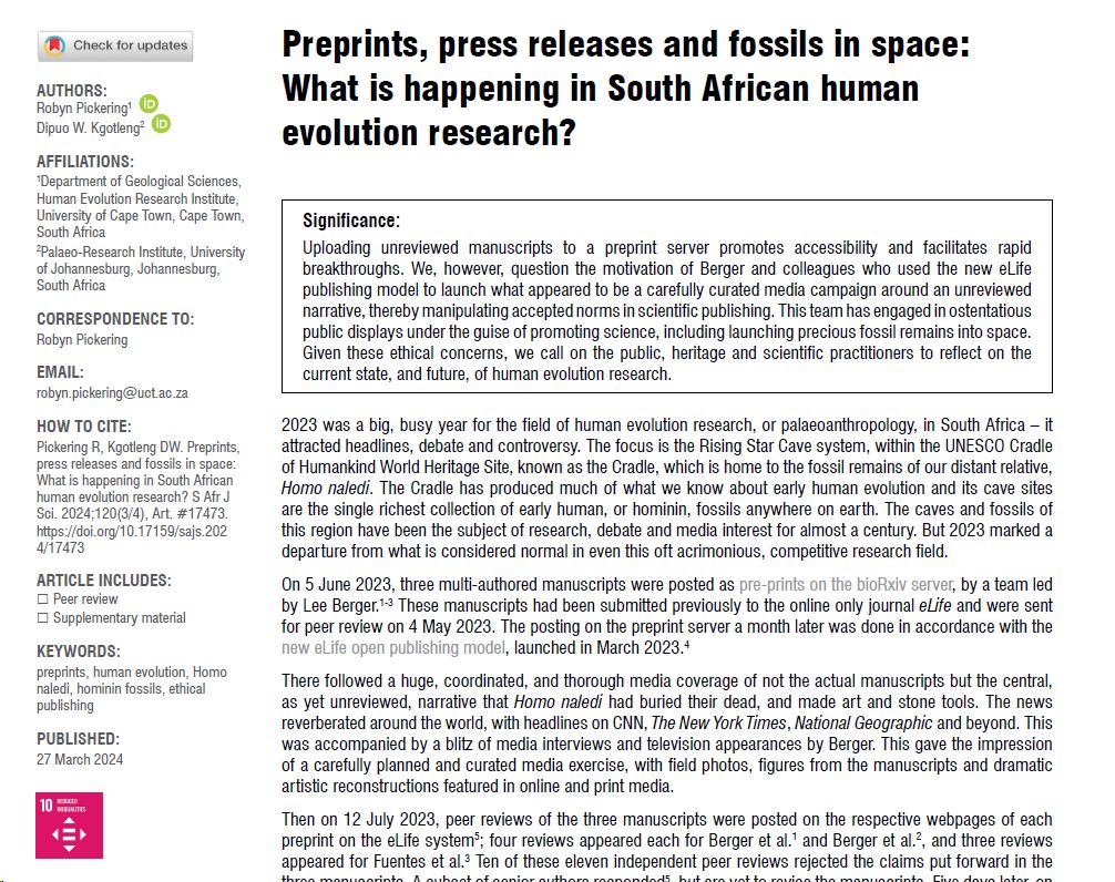 Research that bypasses scientific norms in favour of media blitz should raise questions, says our @PickeringRobyn & @UJPalaeo’s @Onthatilesmom. In this @SAJS_Official opinion, they call for reflection on the future of human evolution in #SouthAfrica. bit.ly/3PCO1Ii