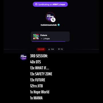 hobistreamclub's tweet photo. SESSION 3 on Stationhead has started!
📻 https://t.co/wfy603Evhv
Share your proof of streaming with us & use the tag #HOPE_ON_THE_STREET. Join us in streaming & let's reach the goal 25M stream!
OJ3: OTS x JITB HE—https://t.co/10iyTEbRb2
#jhope #HSCLiveStream https://t.co/3xhrGKoke0
