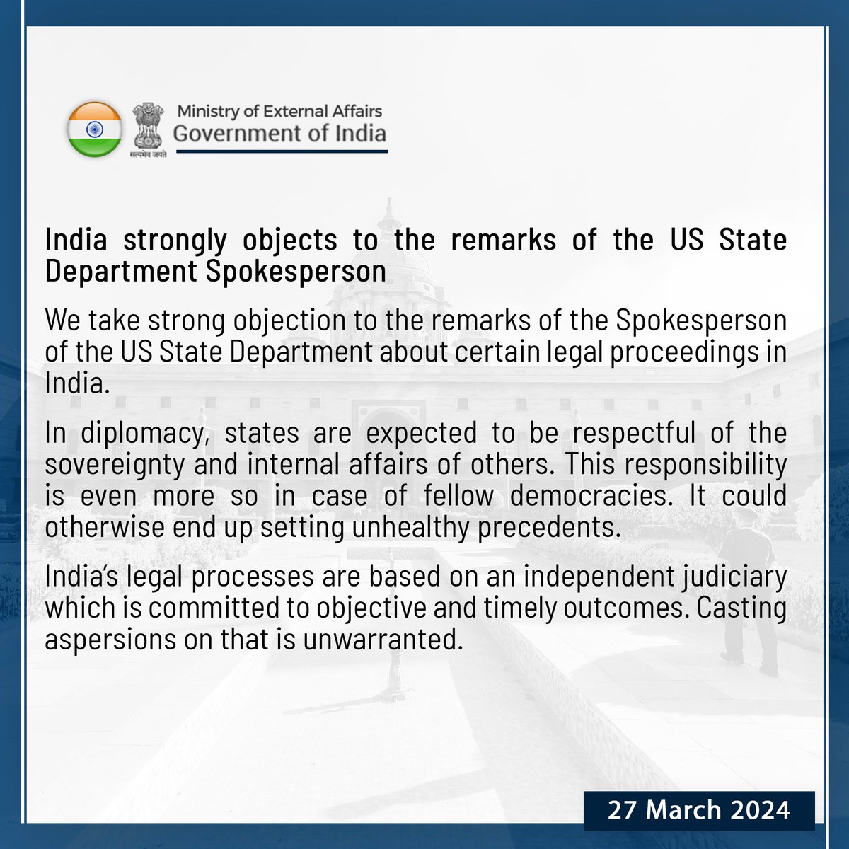 India strongly objects to the remarks of the US State Department Spokesperson: bit.ly/3IUOLot