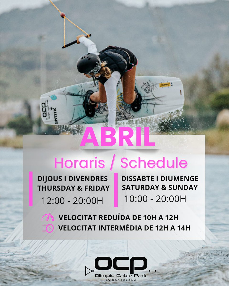 Bon dia USUARIS/ÀRIES! Us informem dels #HORARIS de l'OCP pel pròxim més d'#ABRIL. • #ATENCIÓ! 📆 16, 22, 23, 29 i 30 d'abril, ENTRENAMENTS DE LA FEDERACIÓ DE 17:30h a 19:15h • #esportcat #canalolimpiccat #olimpiccablepark #ocpcablepark