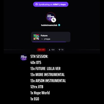 hobistreamclub's tweet photo. LAST SESSION on Stationhead for today!
📻 https://t.co/wfy603Evhv
Thank you for joining us today! Let's continue streaming #JackInTheBox & #on_the_street this Hobiuary. 🌟
OJ5: OTS x JITB HE—https://t.co/KzPTx0CmYB
#jhope #HSCLiveStream #HOPE_ON_THE_STREET https://t.co/AX7CIHfjP5