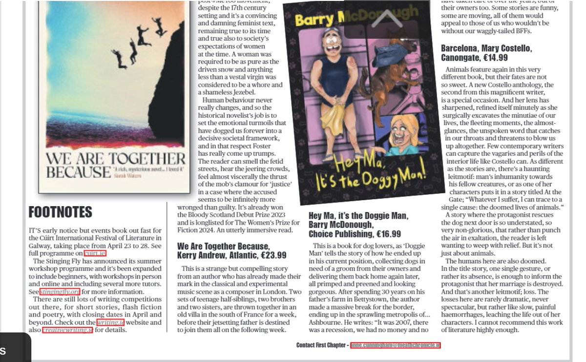 Reviews this wk of Kate Foster's The Maiden, Mary Costello's Barcelona, Barry McDonough's Hey, Ma, it's the Doggy Man & Kerry Andrews' We Are Together Because, in Chronicle & other papers. @GillHessLtd @chlodavies97 @canongatebooks @AtlanticBooks @panmacmillan