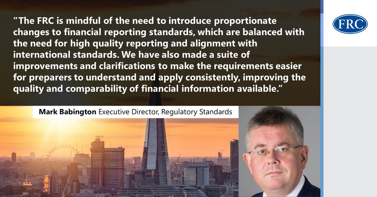 Today the FRC has published comprehensive improvements to FRS 102, designed to enhance the quality of financial reporting and help support access to capital and growth for the 3.4 million businesses applying them. Find out more: frc.org.uk/news-and-event… #FRS102