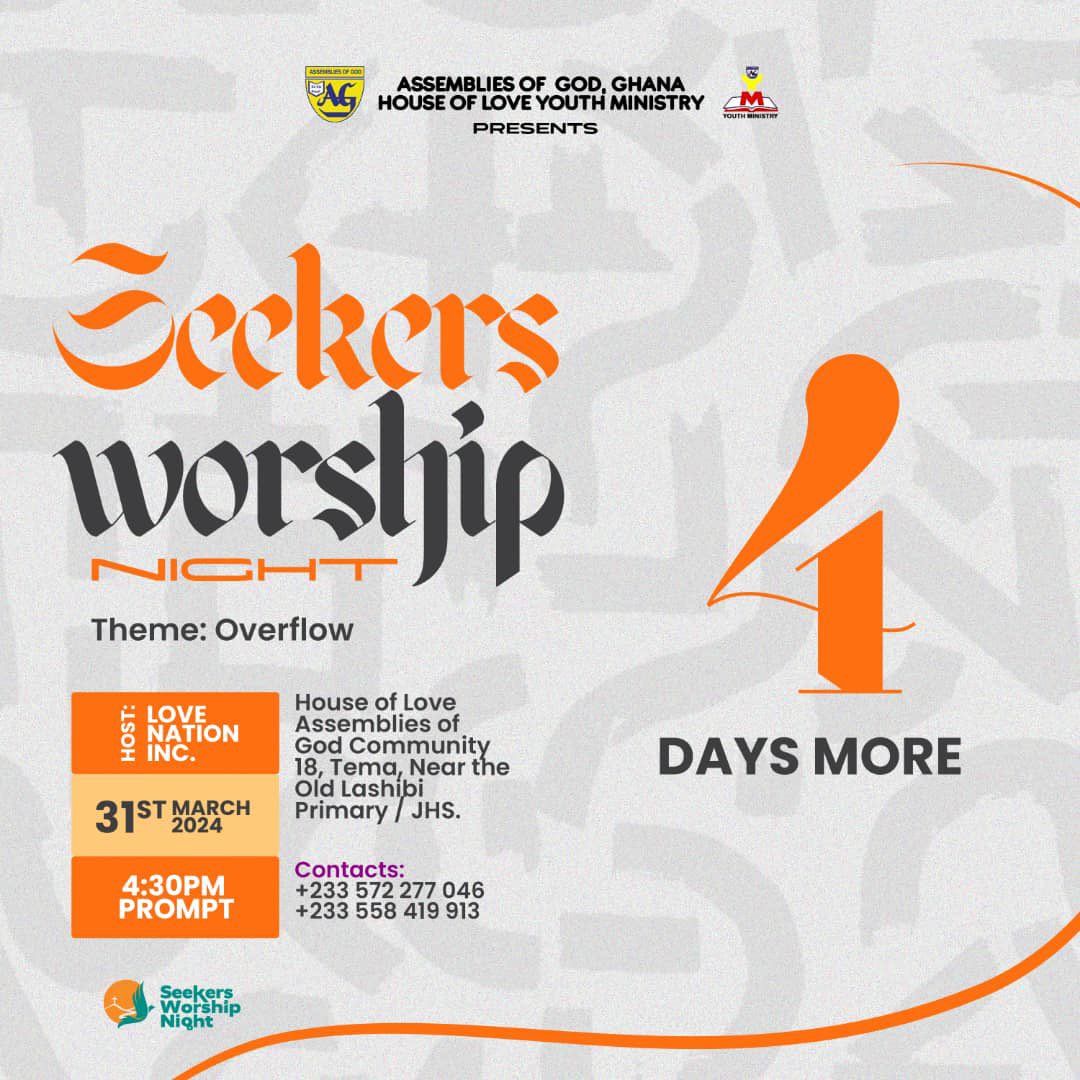 *SEEKERS WORSHIP NIGHT 24* 

Hallelujah! Let all saints praise the Lord. In 4 days time, we will gather in the presence of the Lord to give him glory. Nyame aye bi.
#overflow
#SWN
#seekersworship
#seekersworshipnight