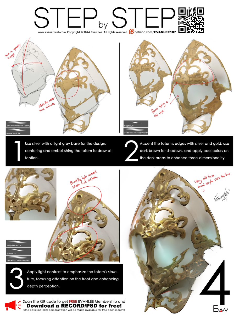 This demonstration focuses on silver metal as the subject. This type of bright metal is very suitable for the armor of noble characters, such as paladins. #Stepbystep #evanlee #noai #armor #medieval #material