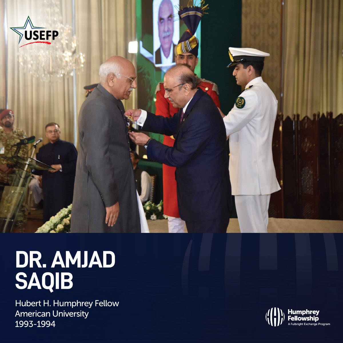 On March 23, Humphrey Fellow Dr. Amjad Saqib was conferred the Pakistan Civil Award, Hilal-i-Imtiaz (Crescent of Excellence) for his exemplary contribution to the social sector through his non-profit organization, Akhuwat. Congratulations, Dr. Saqib! #USEFP #Humphrey #Akhuwat