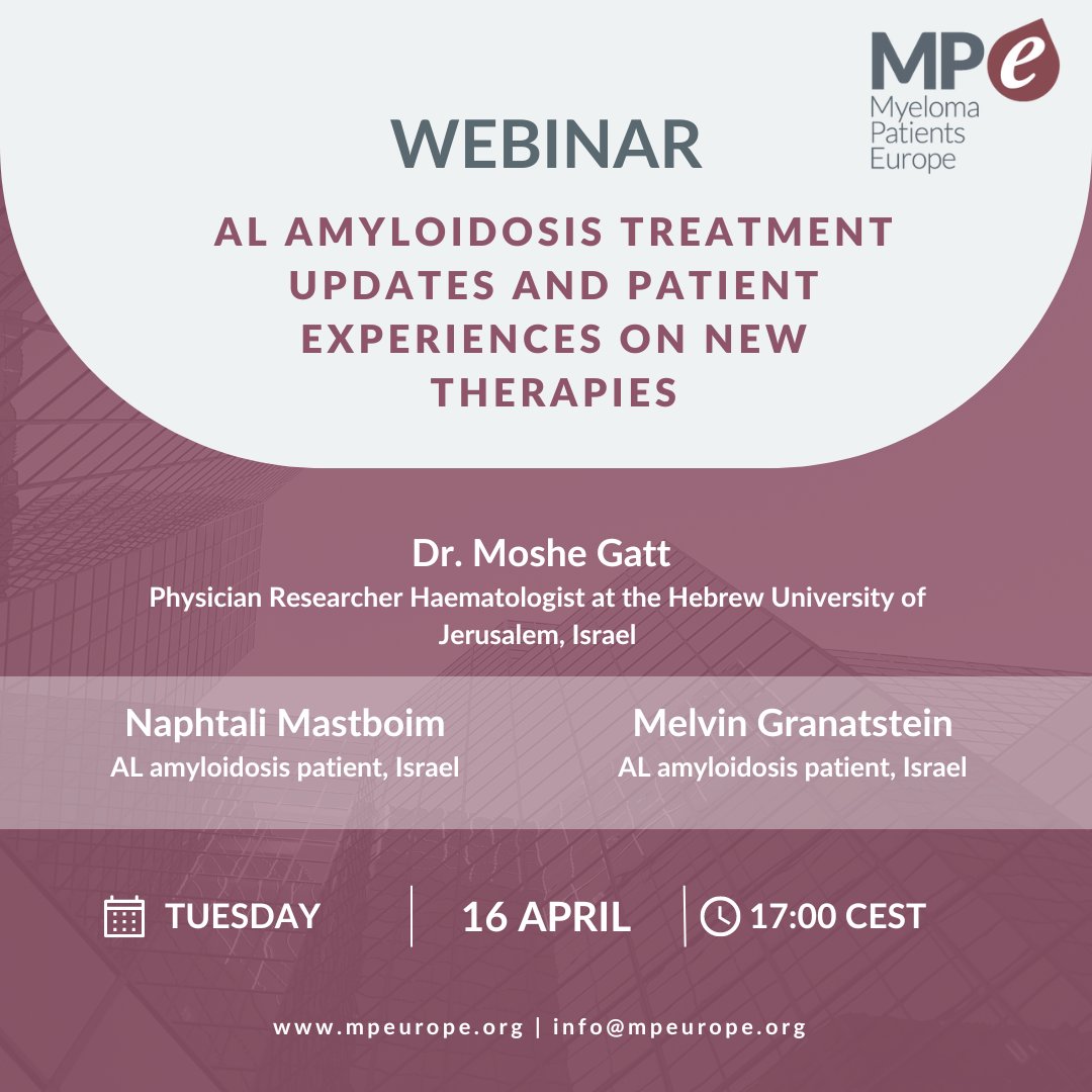 Register for our webinar on 'AL amyloidosis treatment updates and patient experiences on new therapies' 🗓Date: Tuesday 16 April 🕔Time: 17:00 – 18:00 CEST Dr. Moshe Gatt, Haematologist at the Hebrew University of Jerusalem, Israel will lead the session. mpeurope.org/2024/03/26/sig…