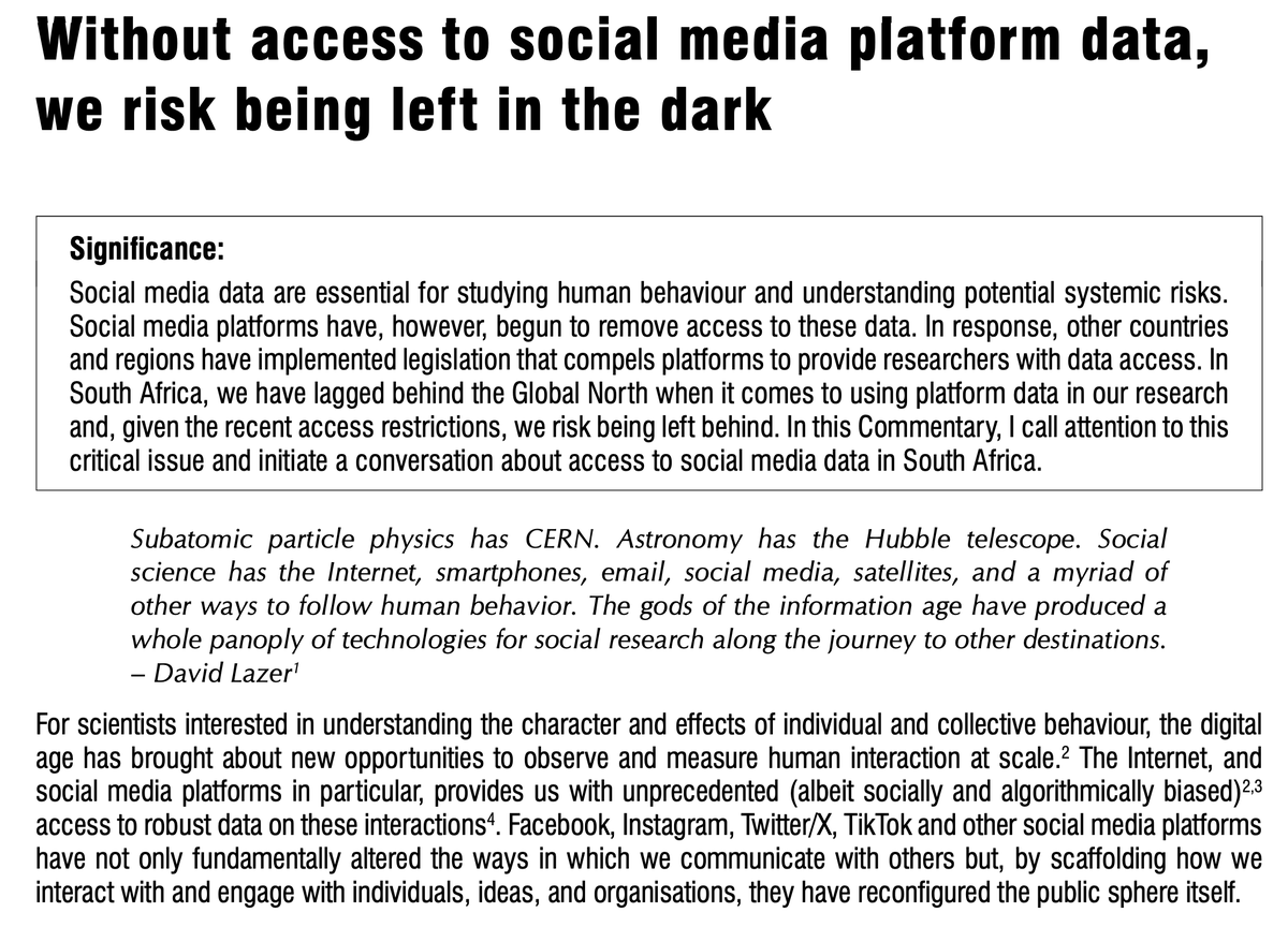 Doug Parry (@dougaparry) on Twitter photo Social media data are crucial for studying behavior & systemic risks. With recent restrictions, we risk falling behind without policies mandating access. In this <a href="/SAJS_Official/">SAJournalofScience</a> commentary, I initiate a conversation on improving data access in South Africa. sajs.co.za/article/view/1… Social media data are crucial for studying behavior & systemic risks. With recent restrictions, we risk falling behind without policies mandating access. In this <a href="/SAJS_Official/">SAJournalofScience</a> commentary, I initiate a conversation on improving data access in South Africa. sajs.co.za/article/view/1…