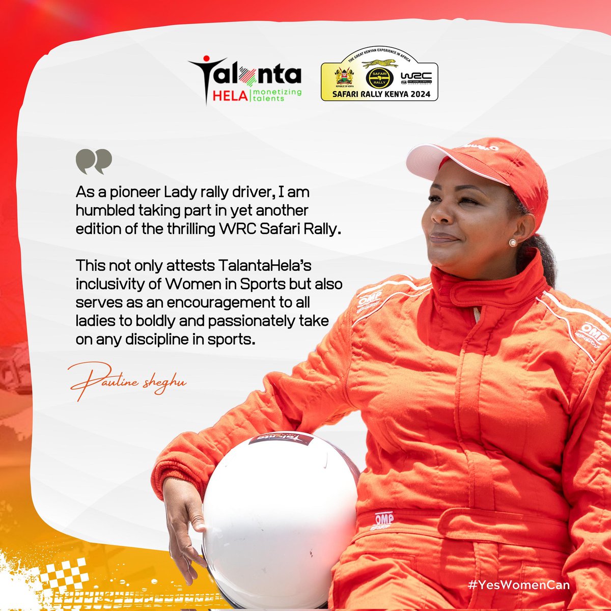 Humbled to be back in action at WRC Rally as a pioneer lady rally driver! This showcases Talanta Hela's commitment to inclusivity in sports and inspires women everywhere to fearlessly pursue their passion in any discipline. #WomenInSports #TalantaHela #WRCSafariRally2024