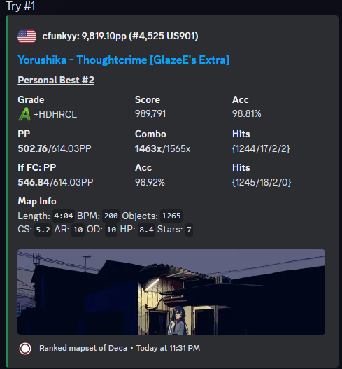 cfunkyyy's tweet photo. peep the try #1's

500pp #4 and new highest nomod score https://t.co/tShF4hW79o