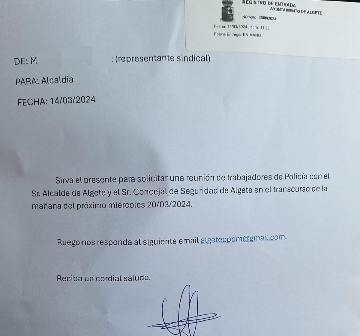 Buenos días señor <a href="/FernandoRomo_/">Fernando Romo Raposo</a> le solicitamos una reunión hace 13 días y no hemos recibido contestación, ¿¿¿ Cuándo se va a reunir con los trabajadores de la policía de #Algete??.
