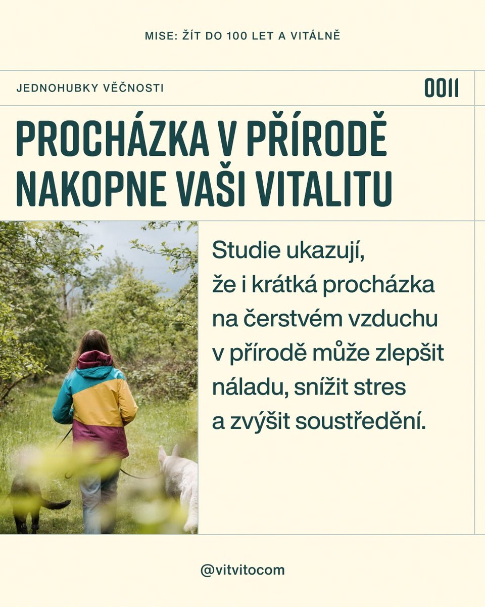 vitvito's tweet photo. Cítíte se vyčerpaní? 👇

Možná je to signál, abyste vyrazili na procházku do přírody.

Kombinace fyzické aktivity a čerstvého vzduchu dělá zázraky pro vaši vitalitu. Probouzí tělo i mysl.

Studie ukazují, že i krátká procházka v přírodě může zlepšit náladu a snížit stres. https://t.co/hCrZybwoc0