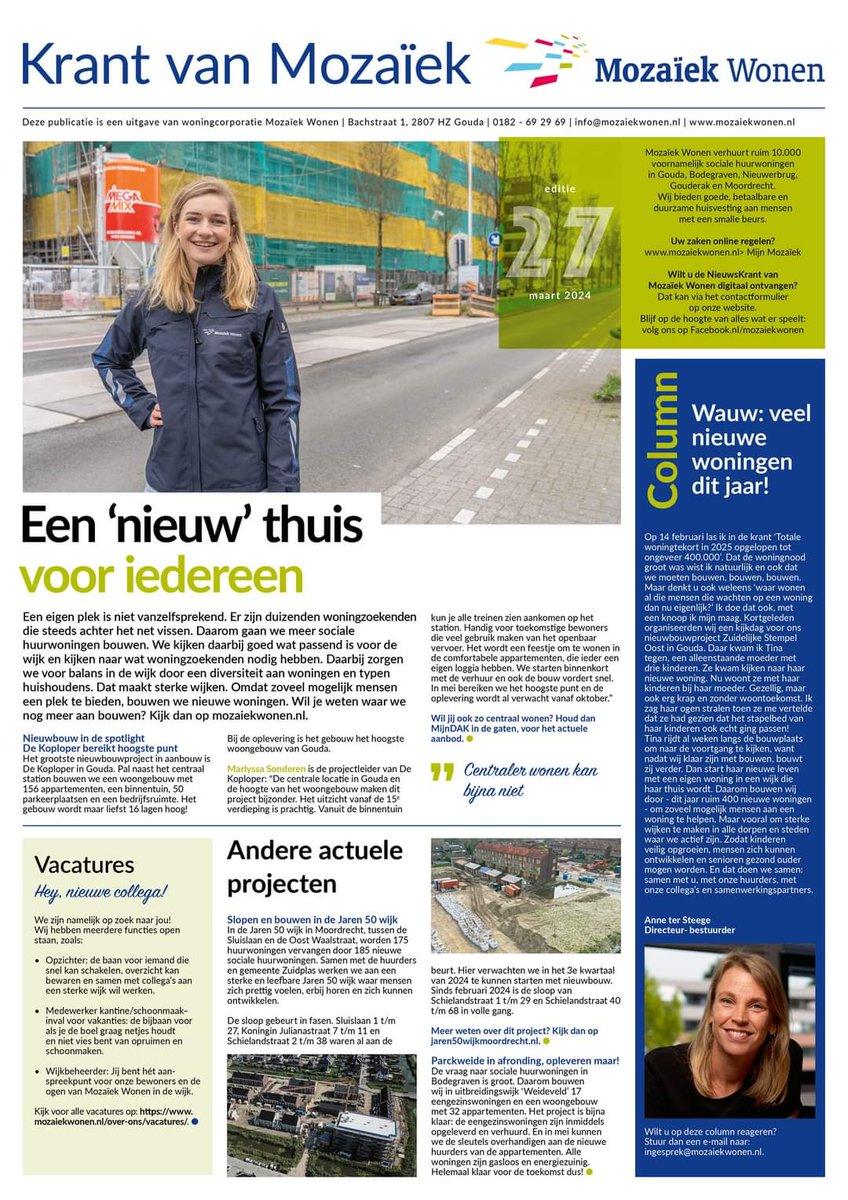 𝐃𝐞 𝐧𝐢𝐞𝐮𝐰𝐞 𝐊𝐫𝐚𝐧𝐭 𝐯𝐚𝐧 𝐌𝐨𝐳𝐚ï𝐞𝐤 𝐢𝐬 𝐮𝐢𝐭! In de spotlight staan onze nieuwbouwprojecten: De Koploper, Parckweide en de Jaren 50 wijk. Onze Directeur-bestuurder is trots op de ruim 400 nieuwe woningen die we dit jaar gaan bouwen.
 ap.lc/eqBMu