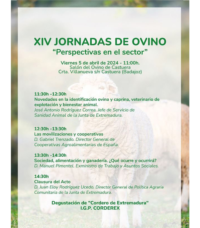 📆 El viernes 5 de abril a las 11:00 H. tendrán lugar las 𝗫𝗜𝗩 𝗝𝗼𝗿𝗻𝗮𝗱𝗮𝘀 𝗱𝗲 𝗢𝘃𝗶𝗻𝗼 "𝗣𝗲𝗿𝘀𝗽𝗲𝗰𝘁𝗶𝘃𝗮𝘀 𝗲𝗻 𝗲𝗹 𝘀𝗲𝗰𝘁𝗼𝗿" en el Salón de Ovino de #Castuera, con la colaboración de <a href="/Nuzoa_/">Nuzoa</a> . ¡Os esperamos! 😊

#SomosNuzoa #Ovino #Ganaderia #Veterinaria