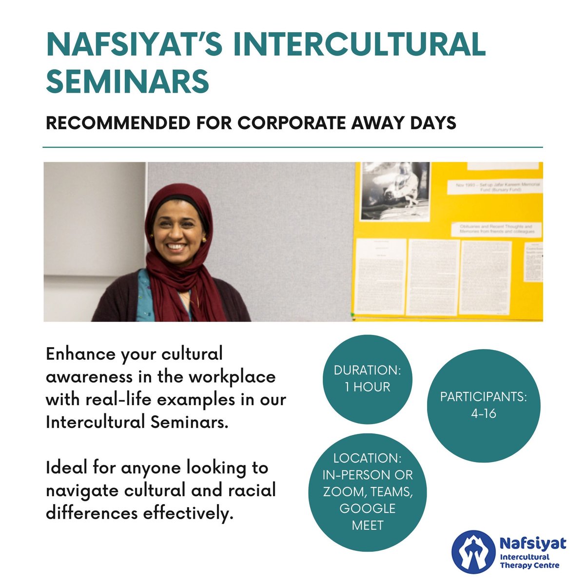 Enhance your cultural competency with Nafsiyat's Intercultural Seminars 🌍 To sign up or learn more go to buff.ly/4arKCnF or contact training@nafsiyat.org.uk #InterculturalCompetency #ProfessionalDevelopment #InterculturalSkills #CulturalCompetence #TeamTraining
