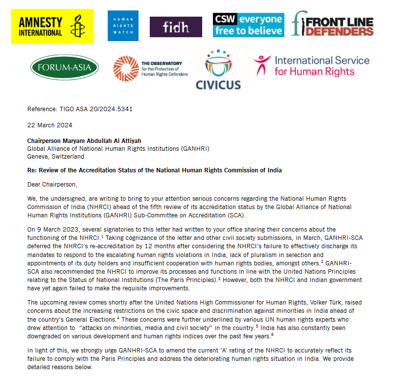 International Non-Governmental Organisation's letter to GANHRI on Review of the Accreditation Status of the National Human Rights Commission of India @India_NHRC @Ganhri1 @APFHumanRights @HRDA_India @Tiphagne @peopleswatch ainni.in/wp-content/upl…