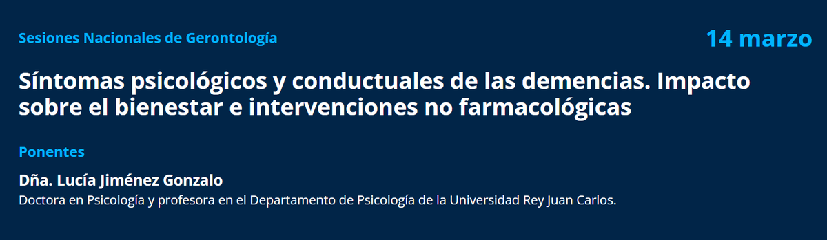seggeriatria's tweet photo. Ya puedes ver en el portal de Formación la Sesión Nacional de Gerontología ’Síntomas psicológicos y conductuales de las demencias. Impacto sobre el bienestar e intervenciones no farmacológicas’, con Lucía Jiménez Gonzalo. https://t.co/25JNacToP8
#formacionsegg #64congresosegg https://t.co/xSIG0WyFSX