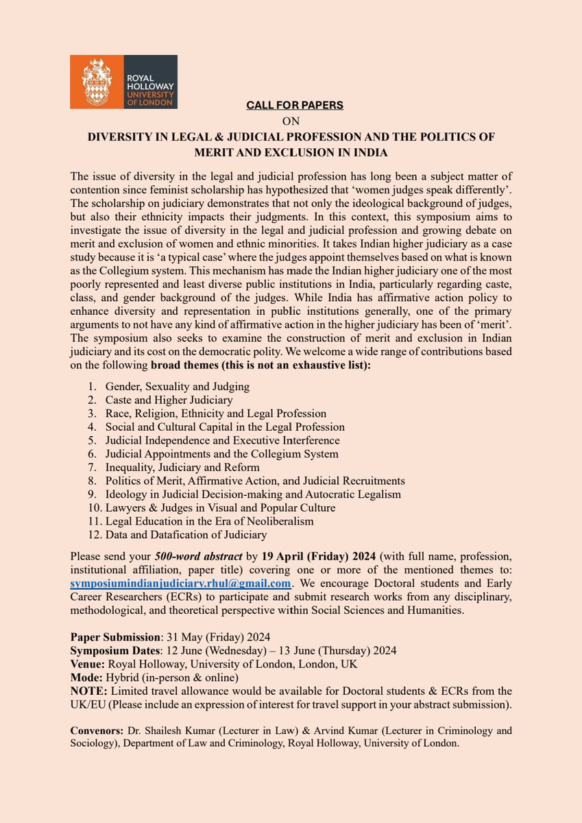 📢Calling folks interested in the issues of #Diversity in #Legal and #Judicial #Profession in #India. Myself and @arvind_kumar__ hv successfully secured the Reid Research Fund from @RoyalHolloway n are organising a HYBRID symposium @RHUL_Law! Send in ur abstract now! Details👇