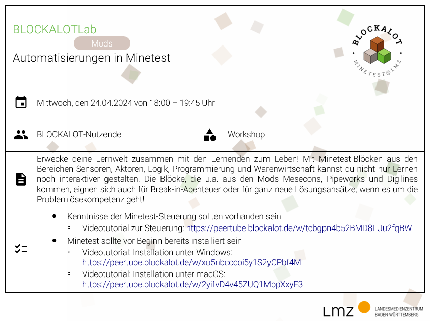 petiteprof79's tweet photo. 🔌💡⚙️ Erwecke deine Lernwelt zum Leben! Im #BLOCKALOTLab #Mods am 24.04. ab 18 Uhr erforschen wir Automatisierungen in #Minetest, um Lernabenteuer noch interaktiver zu machen. Tauche ein in #Mesecons, #Pipeworks #Digilines 🎮 https://t.co/jdEv5et5Py #twlz #edubw @lmz_bw https://t.co/lad78ItrM1