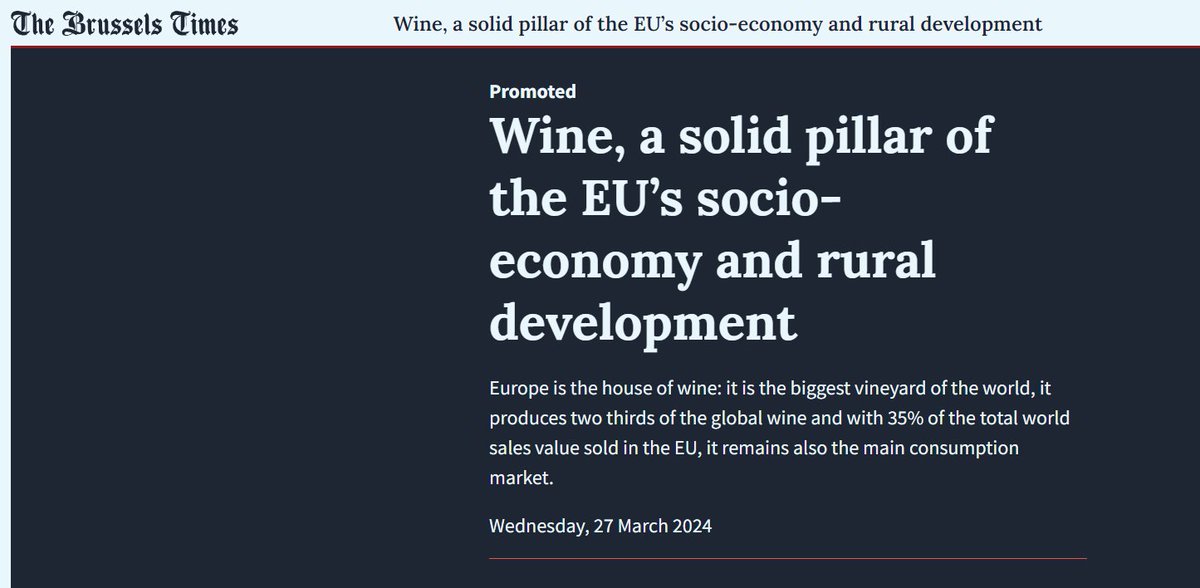 Want to know the figures behind the socio-economic impact of wine in the EU? Check the article our DG, @ISanchezRecarte, wrote for the @BrusselsTimes brusselstimes.com/promoted/98277…