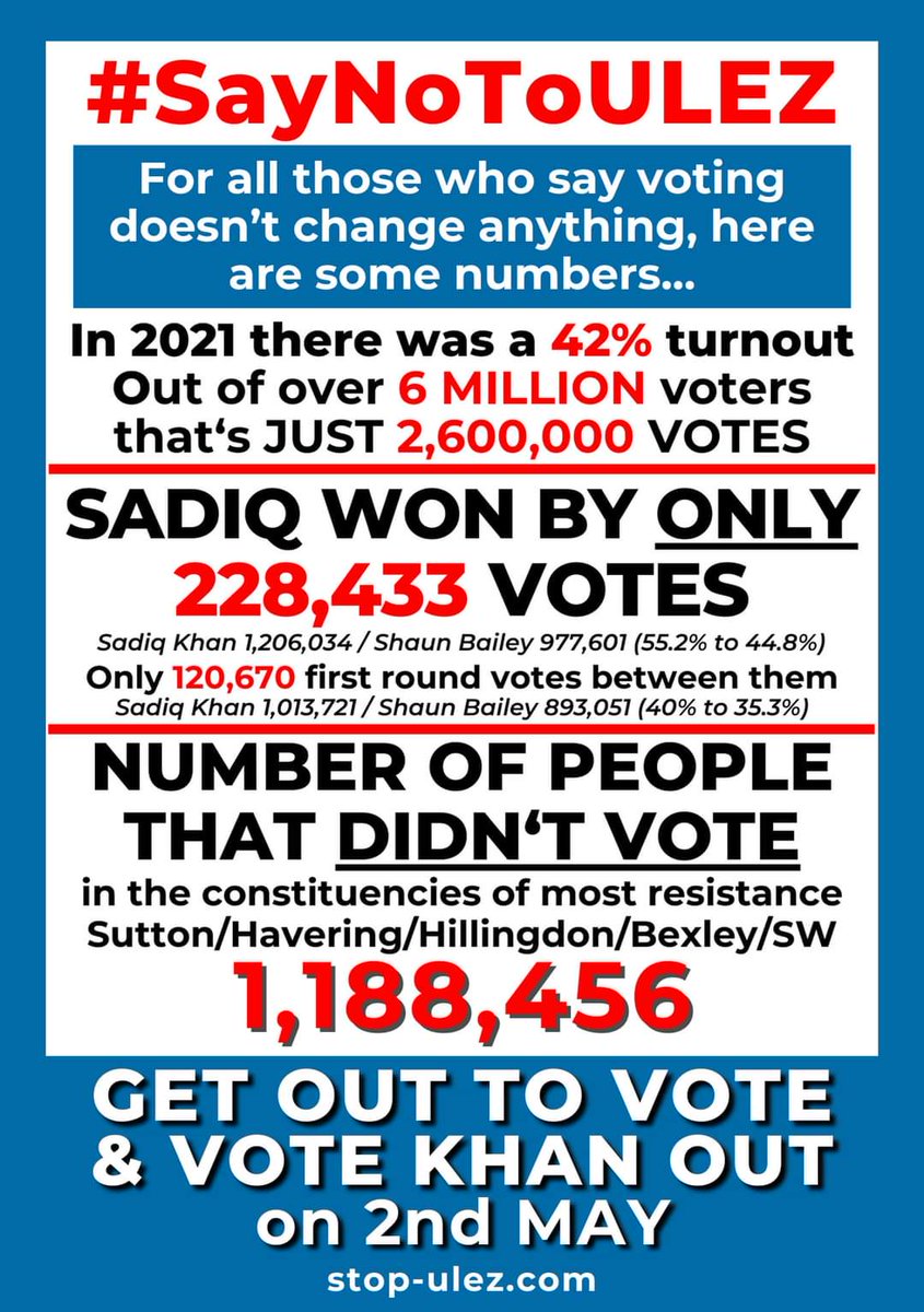 Want rid of Khan & the ULEZ expansion? It is vital you get out & vote Susan Hall on 2nd May. Your vote matters. YOU can make a difference. #GetKhanOut #SaferWithSusan