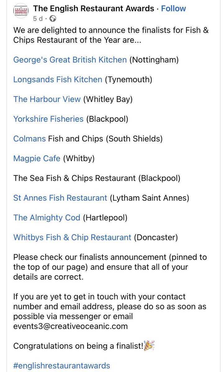 Big news! We’re delighted to say we have been named a finalist in the Fish & Chips Restaurant of the Year category at the English Restaurant Awards. We’ve some tough competition… which of the finalists have you visited? #magpie #whitby #yorkshire #fishandchips #seafood
