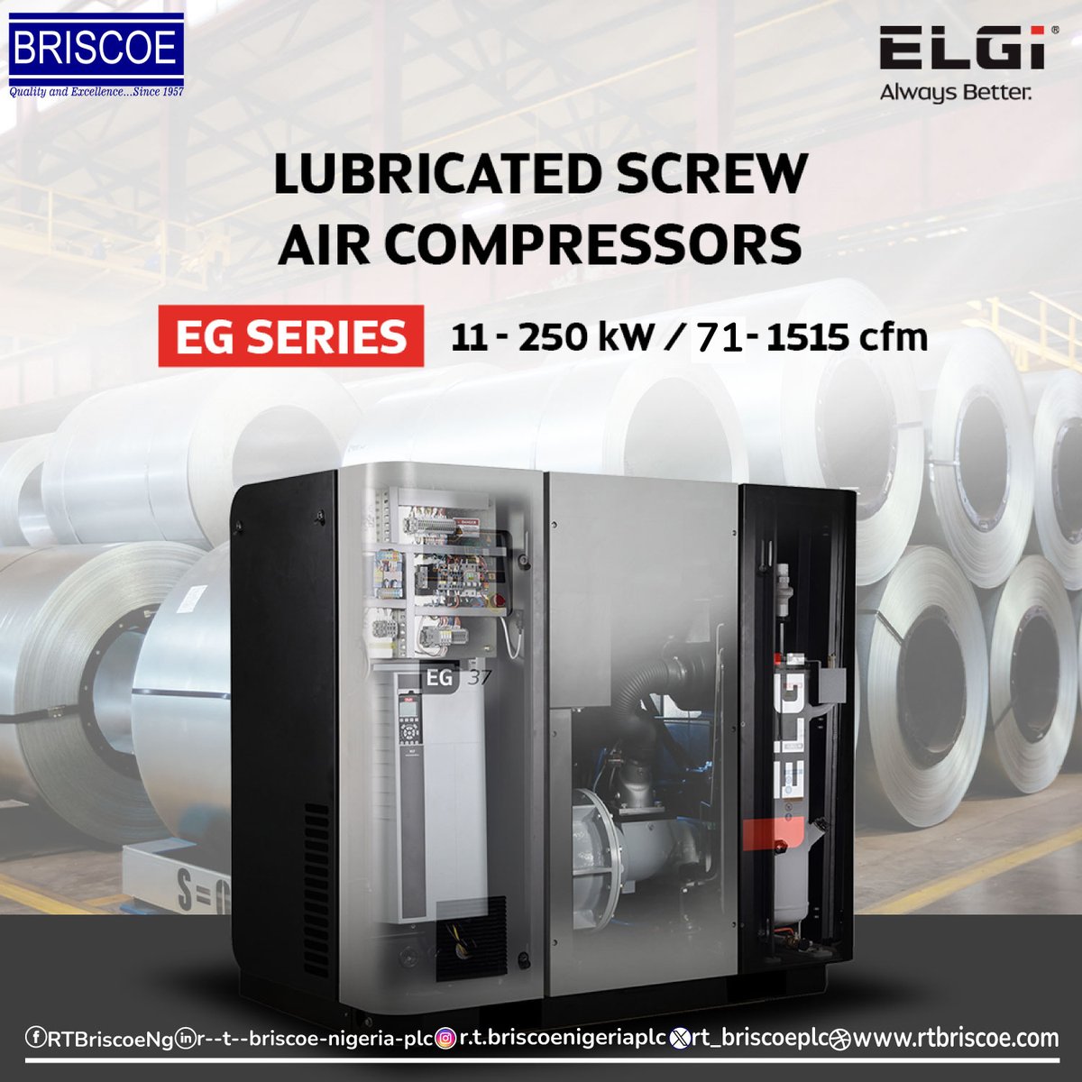 Unlock Efficiency, Power, and Reliability with Elgi Lubricated Screw Air Compressor at R.T. Briscoe Nigeria plc.

#briscoetechnicalproductsandservices #rtbriscoenigeriaplc #elgiaircompressor #efficiency #perfomance #wednesdaycrush #wednesdayproduct #textile #industrialsolutions