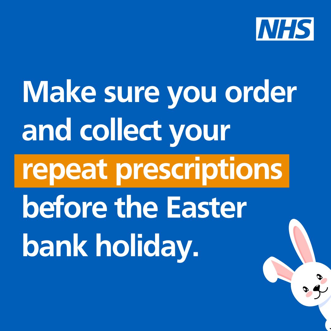 Ahead of the Easter bank holiday, remember to order and collect your repeat prescriptions in good time. You can do so via the NHS app, or your local general practice. nhs.uk/nhs-services/p…