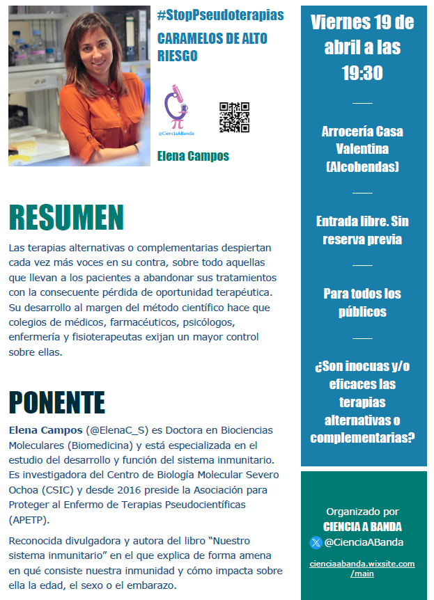 Nos sentimos muy afortunadas por contar este mes con una excelente científica y divulgadora: 
<a href="/ElenaC_S/">Elena Campos-Sánchez</a> de @CBMSO_CSIC_UAM y <a href="/apetp_/">apetp</a> 😊

🛑#StopPseudoterapias. Caramelos de alto riesgo

🗓️V19 abril
⏰19:30
📍Arrocería Casa Valentina (Alcobendas)

¡No te lo pierdas!😉

Más info ⬇️