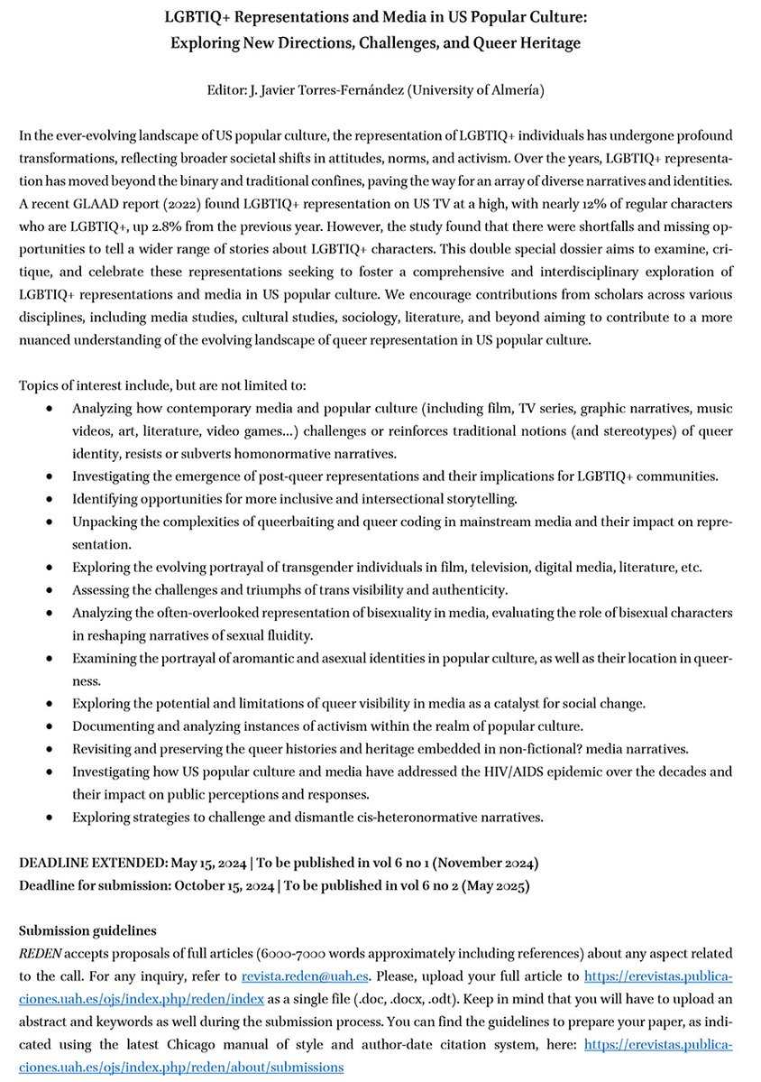 REDEN (@reden_journal) on Twitter photo 📢CFP | We extend the deadline for the dossier on LGBTIQ+ Representations and Media in US Popular Culture edited by <a href="/jtorferna/">Javier Torres</a>
🗓️MAY 15, 2024 | to be published in vol 6 no 1 (November 2024)
➡️erevistas.publicaciones.uah.es/ojs/index.php/… 📢CFP | We extend the deadline for the dossier on LGBTIQ+ Representations and Media in US Popular Culture edited by <a href="/jtorferna/">Javier Torres</a>
🗓️MAY 15, 2024 | to be published in vol 6 no 1 (November 2024)
➡️erevistas.publicaciones.uah.es/ojs/index.php/…