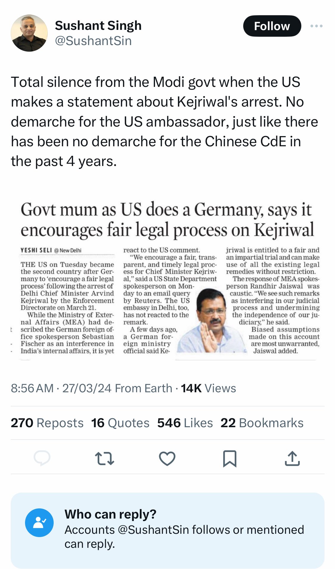 PallaviCT on X MEA tells USA to go mind their own business in KejriwalArrest Sushant Singh s Caravan of lies are caught Why do these so called intellectuals apostles of
