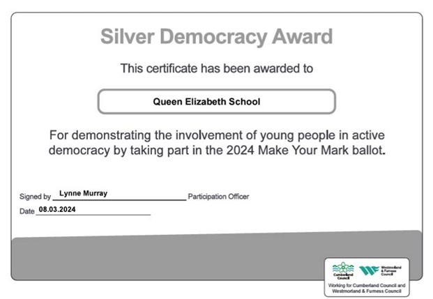 A few weeks ago, our KS3 pupils took part in the Make Your Mark Ballot which is one of the largest consultations for young people in Europe. We have just has the news that we have been awarded the Silver Award for Democracy!