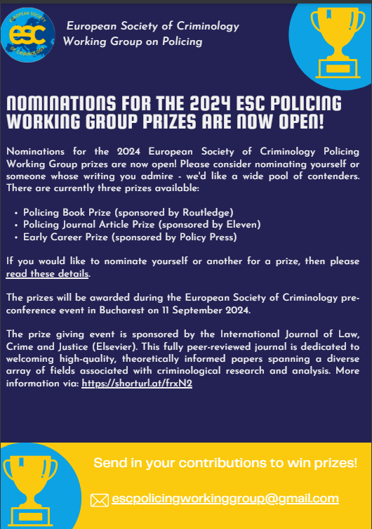 If you're a member of the European Society of Criminology's Policing Working Group - please nominate yourself or others for one of THREE PRIZES to be awarded later this year🏆shorturl.at/ach67 If you're not already a member, join us! shorturl.at/ejBUV