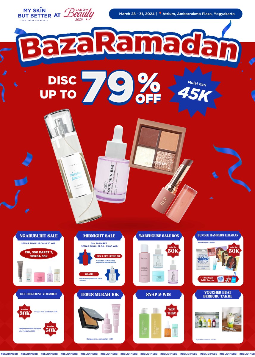 msbb_id's tweet image. Long weekend free gak?
Ke booth MSBB di Land of Beauty (LOB) yuk!

MSBB ngasih promo gede-gedean buat warga Jogja.
Skincare, makeup, parfum lokal diskon mulai Rp 15.000 aja!

🗓 28 - 31 Maret 2024
📍 Atrium Plaza Ambarrukmo, Jogja