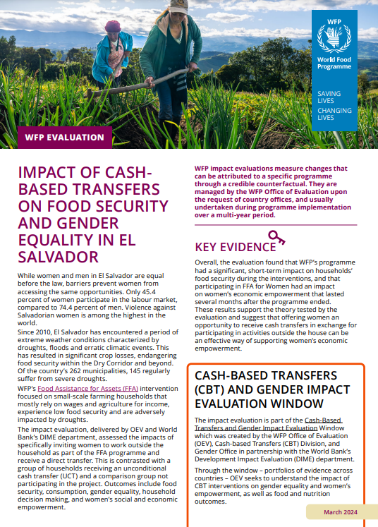 WFP Evaluation (@wfp_evaluation) on Twitter photo 🇸🇻 In El Salvador, only 45.4% of women participate in the labour market, compared to 74.4% of men
👭 What happens when women are encouraged to work outside the home and get 💵?
➡️ <a href="/WFP/">World Food Programme</a> asked, using a randomized evaluation and share our findings here: bit.ly/3TvZJG0 🇸🇻 In El Salvador, only 45.4% of women participate in the labour market, compared to 74.4% of men
👭 What happens when women are encouraged to work outside the home and get 💵?
➡️ <a href="/WFP/">World Food Programme</a> asked, using a randomized evaluation and share our findings here: bit.ly/3TvZJG0