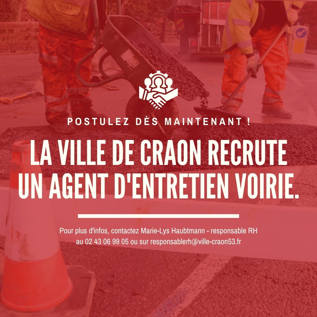 📣 La ville de #Craon recrute un agent d'entretien #voirie.
Plus d'infos sur tinyurl.com/acnbaxpe.

@WenPaysdeCraon #TravaillerEnPaysDeCraon #PaysDeCraon #offre #emploi #agent #servicestechniques #entretienvoirie #agentvoirie