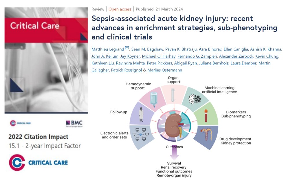 #CritCare #OpenAccess Sepsis-associated acute kidney injury: recent advances in enrichment strategies, sub-phenotyping and clinical trials Read the full article: ccforum.biomedcentral.com/articles/10.11… @jlvincen @ISICEM #FOAMed #FOAMcc