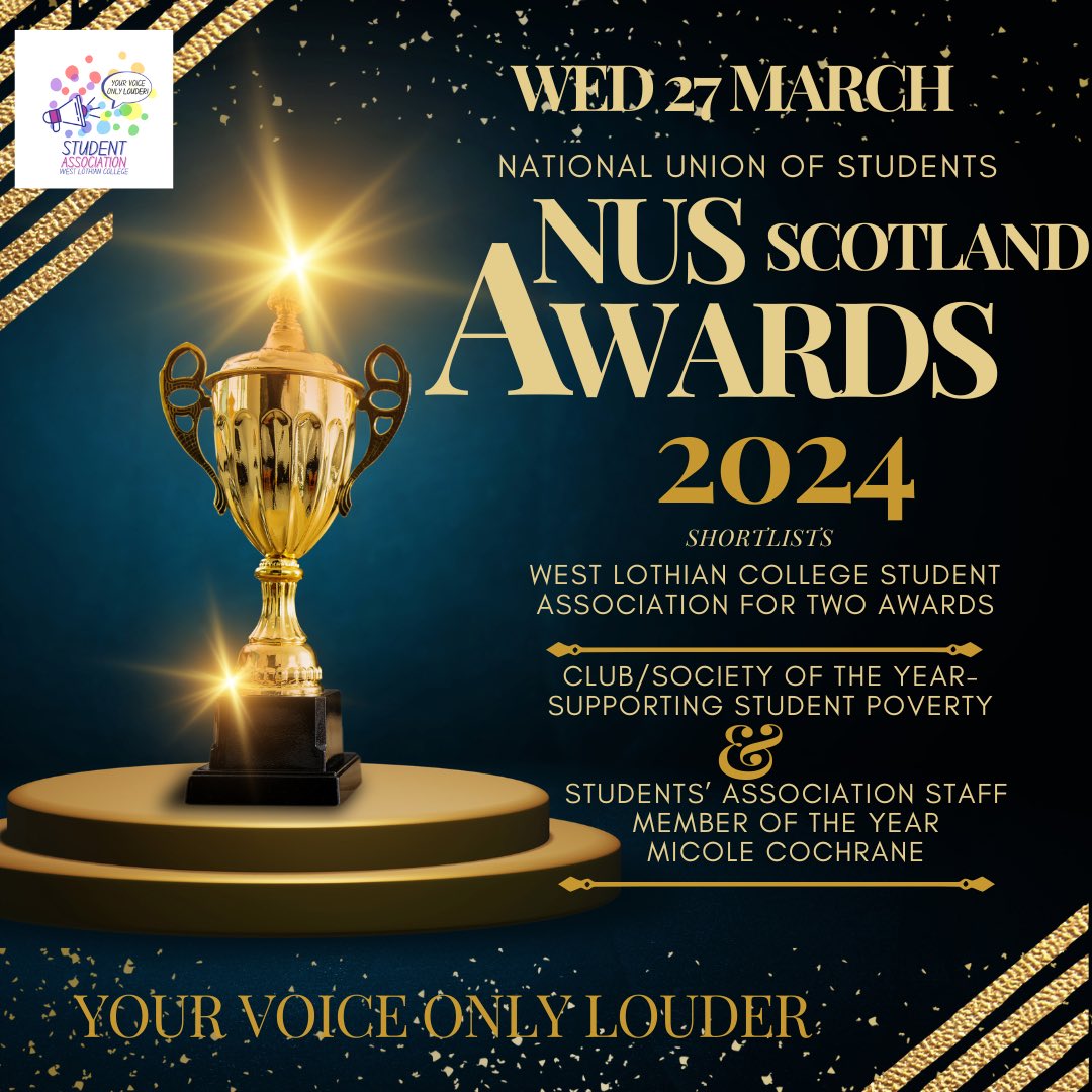 We have done it again! We have been shortlisted for two awards! *Supporting student poverty which is pivotal to ensuring our students can focus on their education! *Student Association Staff member of the year @NUSScotland @WestLoCollege @WestLothianCour