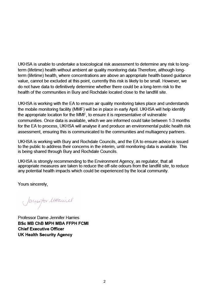 I am continuing to follow through on the Pilsworth landfill and have had this reply from <a href="/UKHSA/">UK Health Security Agency</a>. 👇🏻

I am grateful to them for the action they are taking. 🙏🏻

I hope it reassures local residents that their justified concerns are now receiving the right level of attention. 👍🏻