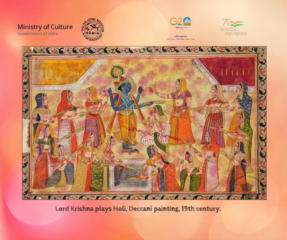 ‘Holi’ vibes linger on…
A miniature painting showing the festival of Holi; Krishna with Radha and other ‘gopis’, the cowherd maidens playing Holi. It’s a burst of colour all around, from Deccan, dated to 19th century.
#SalarJungMuseum #Deccanipainting #Holifestival #Holivibes