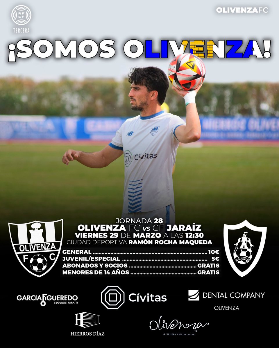 🖼️ CARTEL | #OlivenzaJaraiz 

🆚 <a href="/cfjaraiz/">Club de Fútbol Jaraíz.</a> 
📆Viernes 29  de marzo
⌚12:30
🏟️ Ciudad Deportiva Ramón Rocha Maqueda