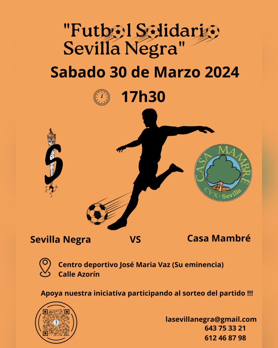 Este sábado a las 17:30 vente al partido <a href="/sevilla_negra/">SevillaNegra</a> vs Casa Mambre.⚽️

🖤Disfrutaremos entre amigos para apoyar el proyecto deportivo de la Asociación Sevilla Negra.  

📍Centro deportivo José María Vaz (entrada libre)

¡Te esperamos!

Más info: sevilla-negra.com/proyectos