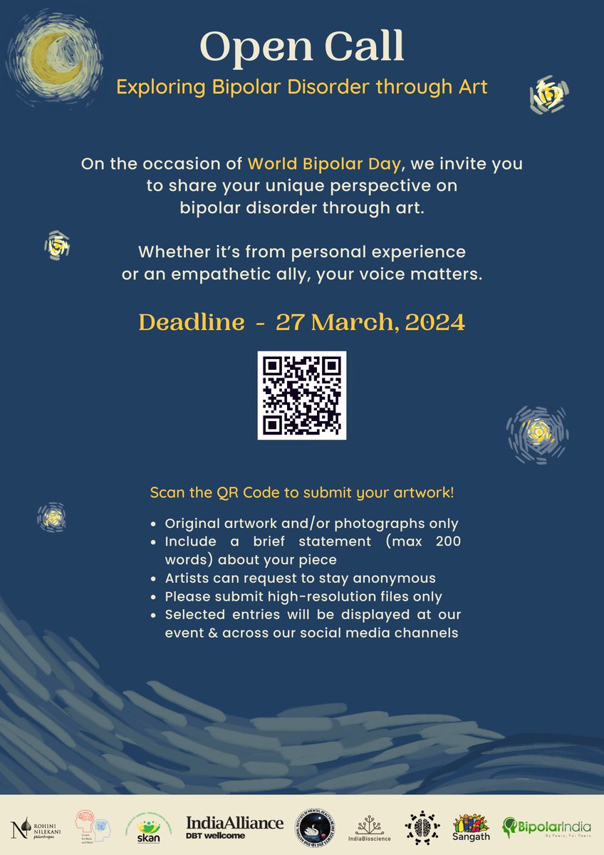 Today is the last day to submit your artwork under the theme 'Exploring Bipolar Disorder through Art' Submit today and get a chance to be featured on the World Bipolar Day event at NIMHANS Centre for Well-Being! forms.gle/cNB2GBYqPgmBQP… #WorldBipolarDay #BipolarStrong #WBD2024