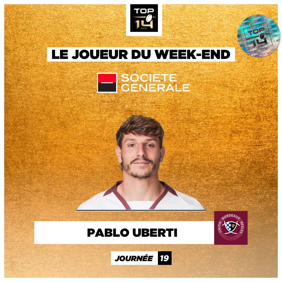 Il ne devait pas débuter, et il a tout emporté ! 💨⁣ ⁣ Pablo Uberti a été époustouflant lors du choc UBB | Stade Toulousain. Vous l’avez élu Joueur du Weekend @Paramourdurugby ! 🙌⁣ ⁣ #TOP14 | #JoueurDuWeekend