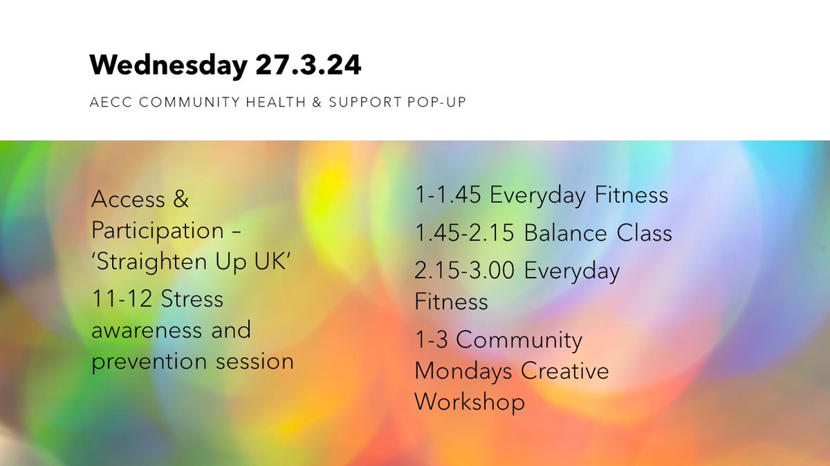 Another full day planned @AECCUniversityC Community Health & Support Pop-up. The day starts with a stress awareness and prevention workshop, followed by exercise sessions for all abilities and creative wellbeing workshops plus much more 10-4pm Boscombe Arts Depot @gotbeaf_